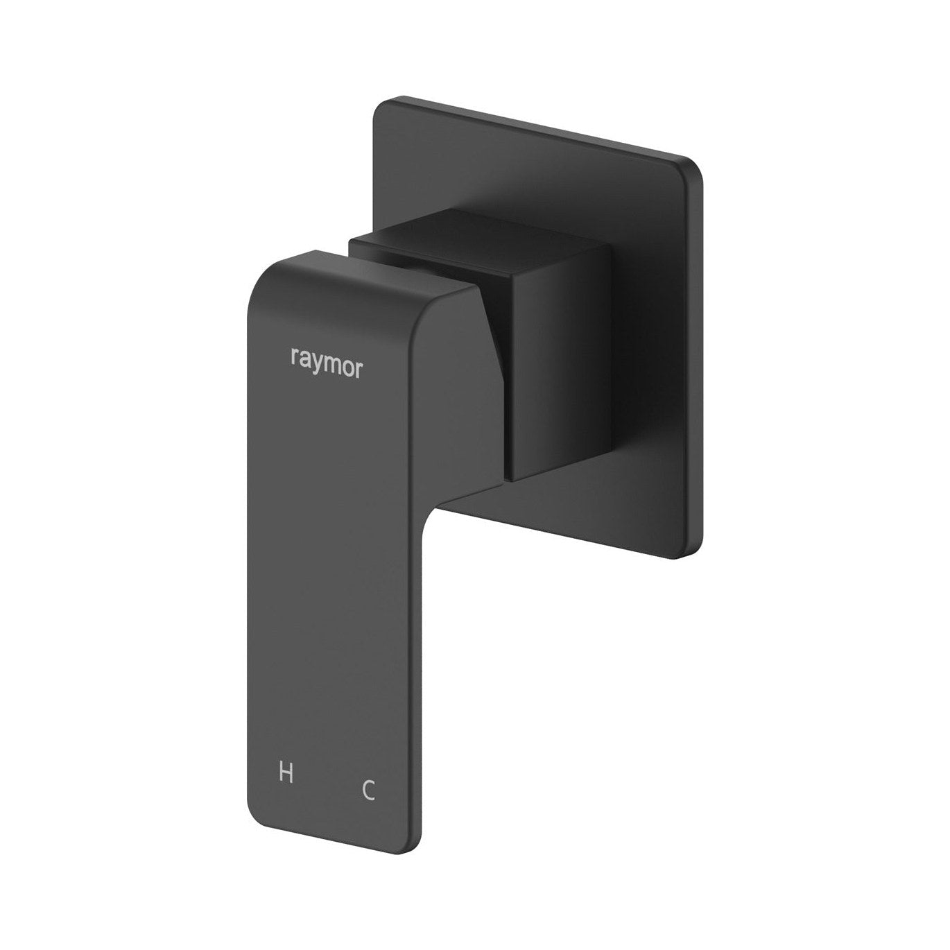 Raymor Edge II black wall mixer, square matte finish with H and C markings, front view on white background