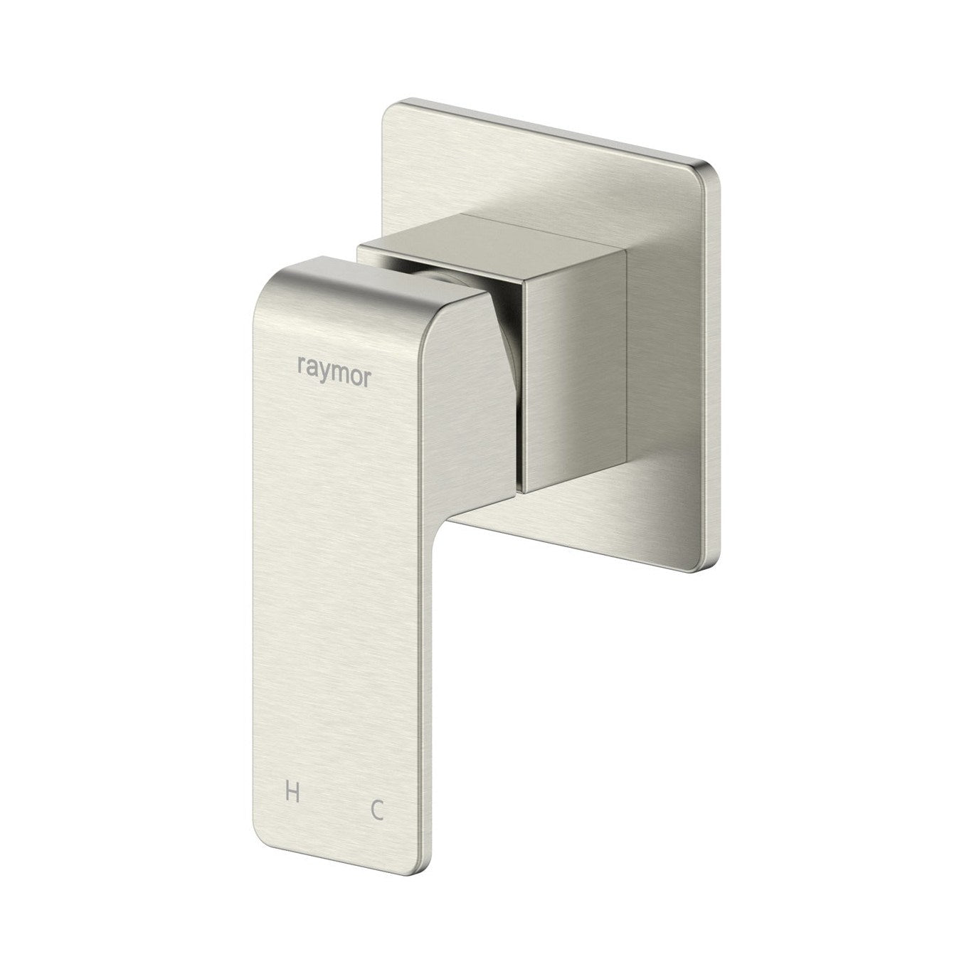 Raymor Edge II brushed nickel wall mixer with square paddle handle and H/C markings, front view on white background