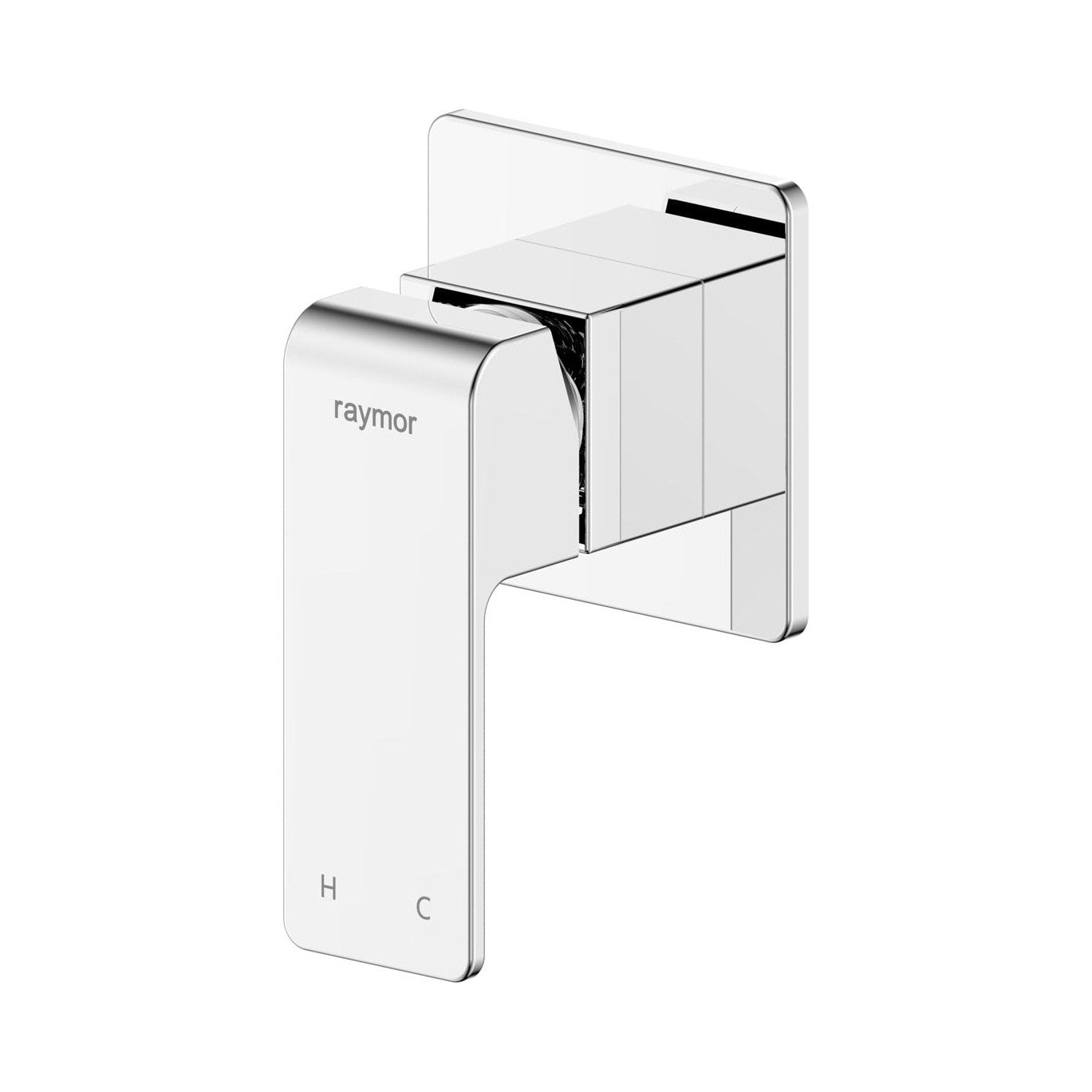 A modern wall-mounted shower valve trim with a polished chrome finish, featuring the 'raymor' brand name and 'H C' markings on the front lever, set against a plain white background.