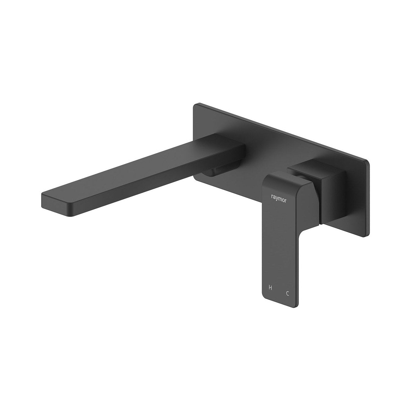 Raymor Edge II black wall mixer with 200mm spout, square wall-mounted tap set on white background