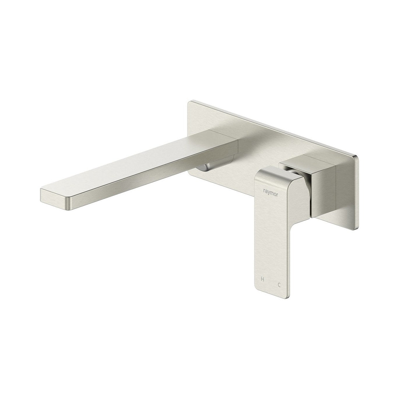 Raymor Edge II wall mixer and 200mm spout set in brushed nickel, wall-mounted with square paddle handle