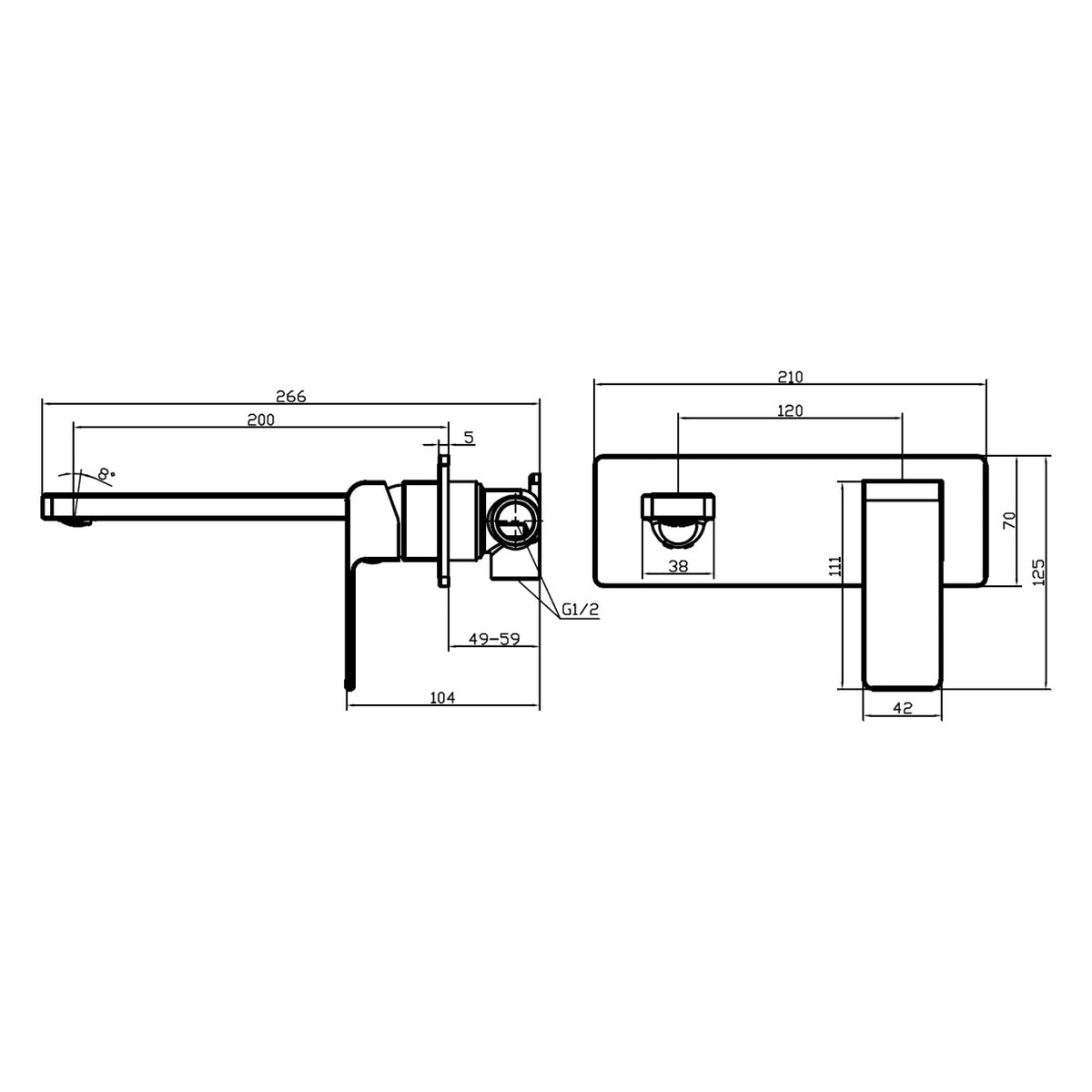 Technical drawing of Raymor Edge II wall mixer and 200mm spout set in chrome, with dimensions and side/front views
