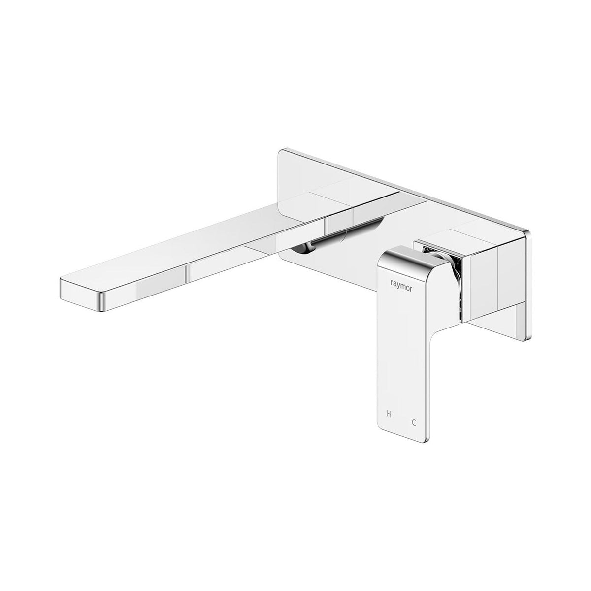 Raymor Edge II chrome wall mixer with 200mm spout and square paddle handle, shown in a front angle on white background