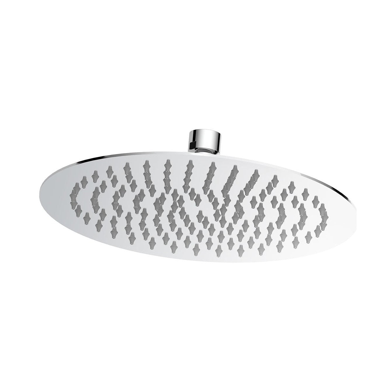 Raymor Lavas round stainless steel shower rose, front view, with oval spray face and chrome connector