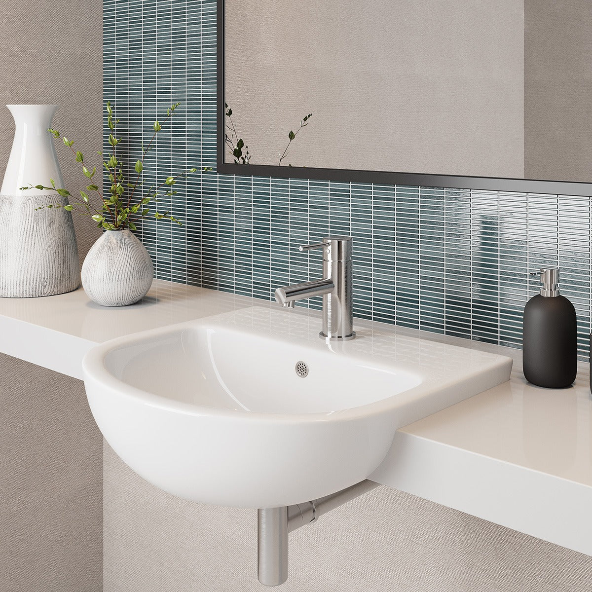 Raymor Lawson semi recessed oval basin in white, with chrome mixer shown in a bathroom vanity setting
