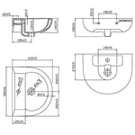 Raymor Lawson wall hung basin technical drawing, white arch ceramic basin 505mm x 415mm with 1 taphole and overflow positions