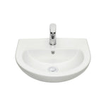 Raymor Lawson wall hung basin in white with arch shape, 1 taphole and chrome overflow grille, front view