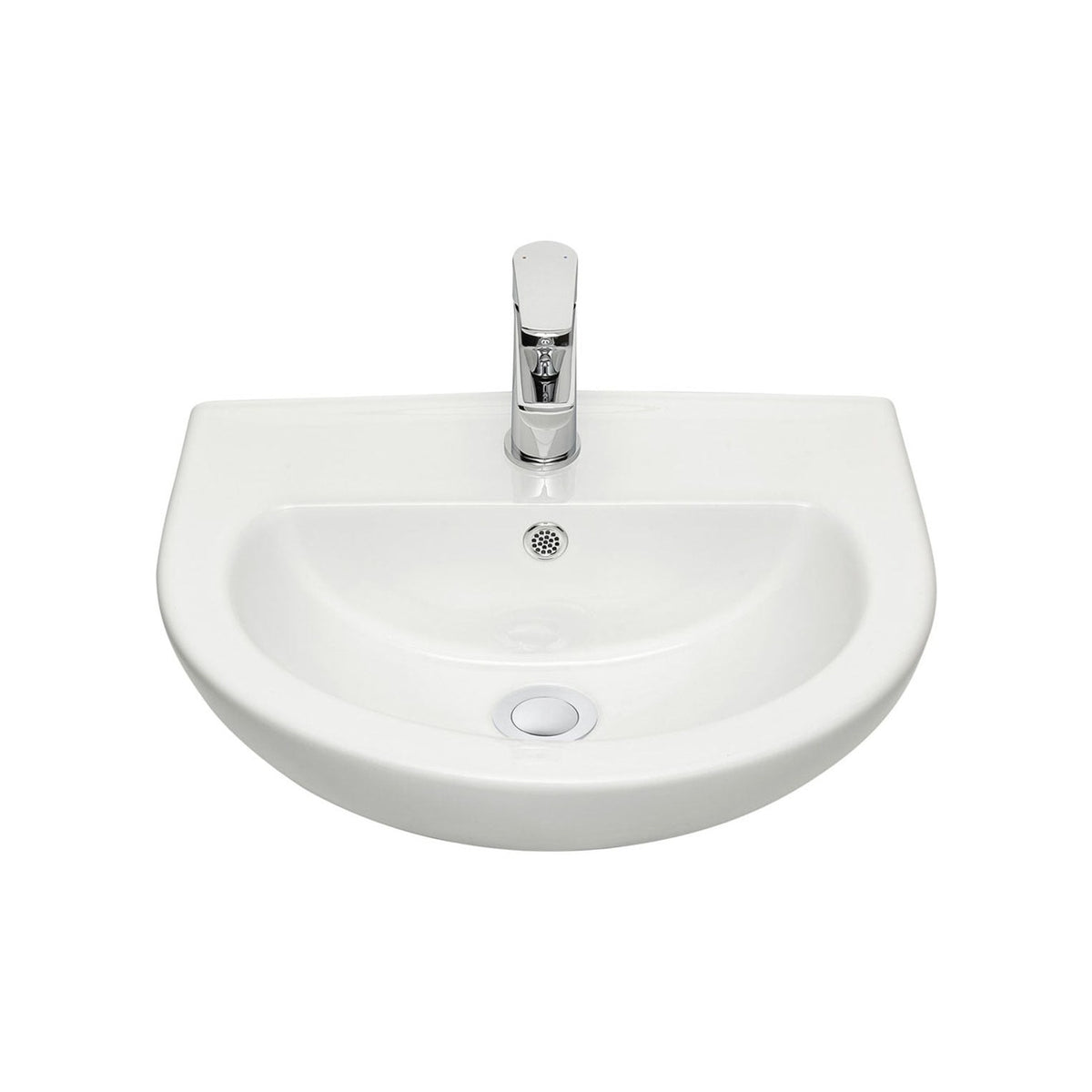 Raymor Lawson wall hung basin in white with arch shape, 1 taphole and chrome overflow grille, front view