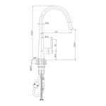 Raymor Madison black sink mixer technical drawing with gooseneck spout, pull-out hose and dimension measurements