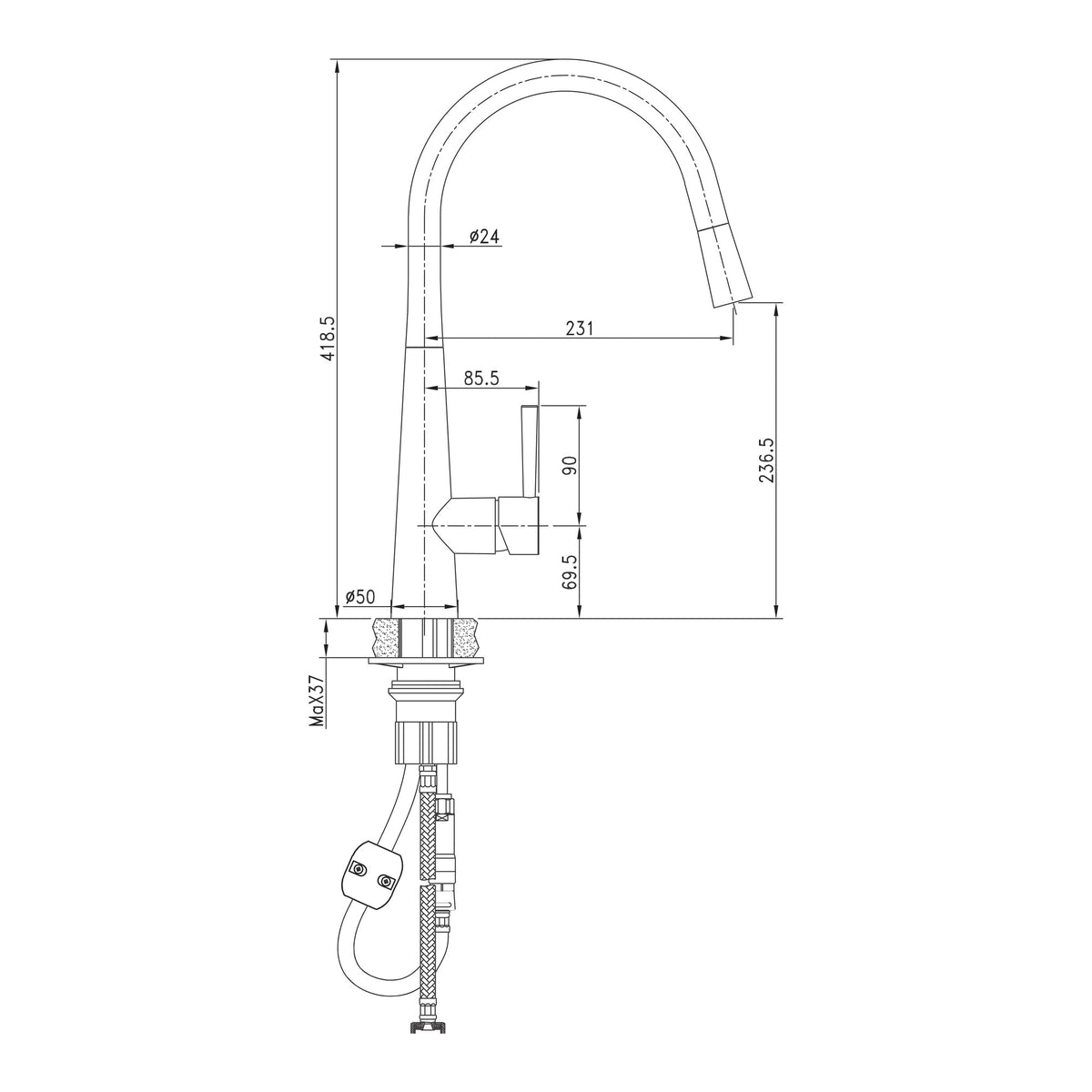 Raymor Madison black sink mixer technical drawing with gooseneck spout, pull-out hose and dimension measurements