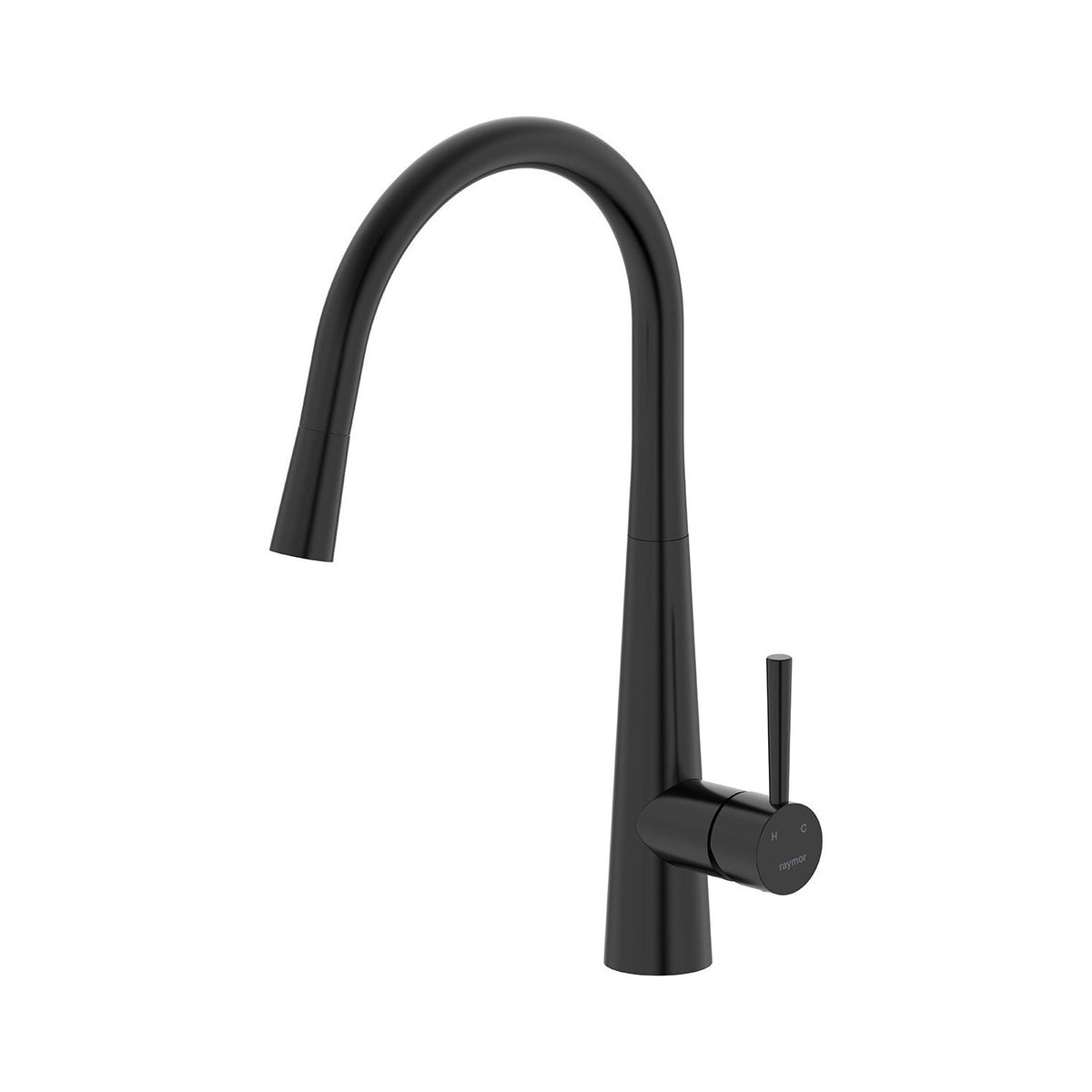 Raymor Madison black gooseneck sink mixer with tall swivel spout and pin lever handle