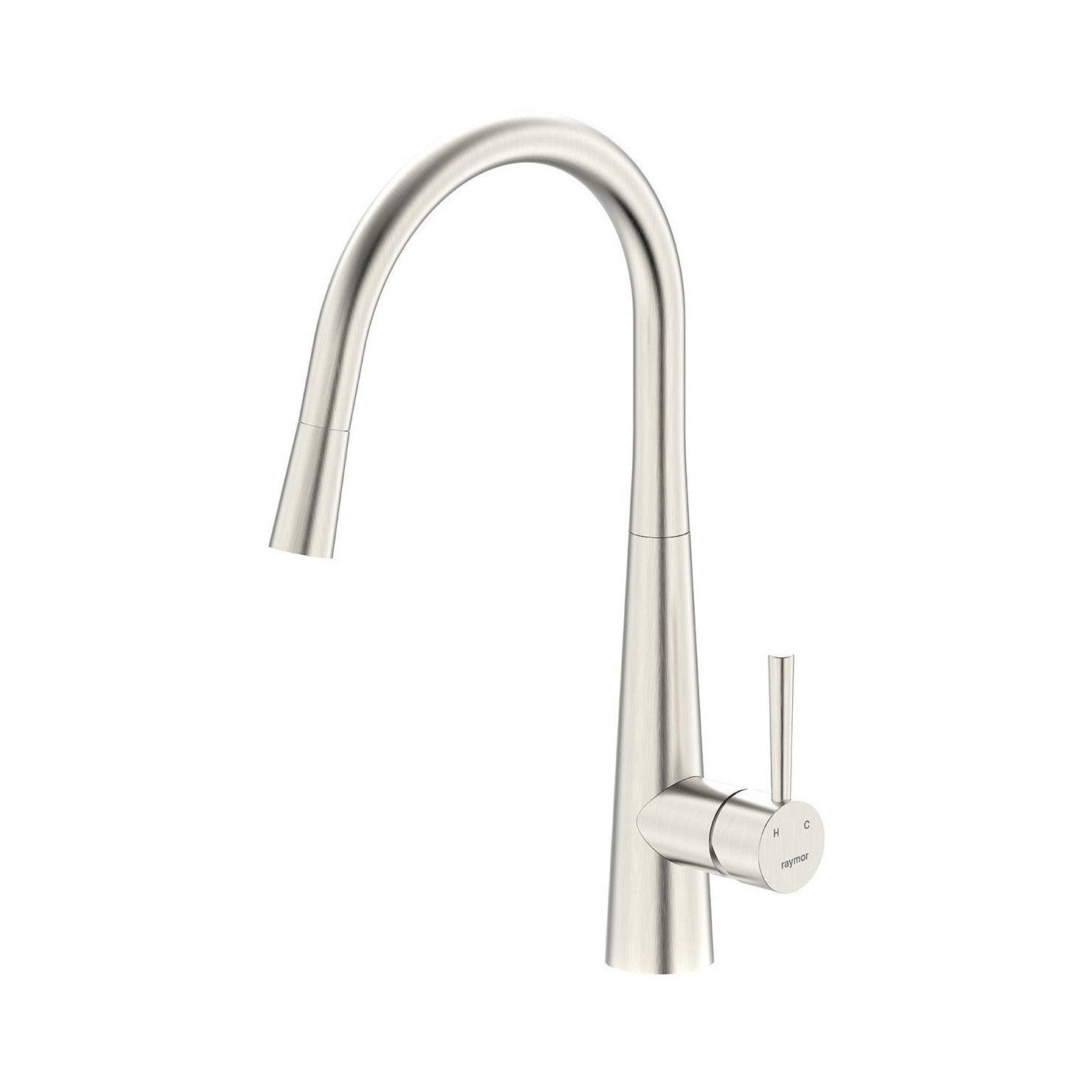Raymor Madison brushed nickel gooseneck sink mixer with lever handle, shown on white background