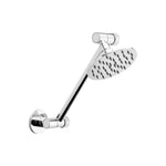 Raymor Malaney chrome round wall shower head with angled arm and fixed rose, shown on white background