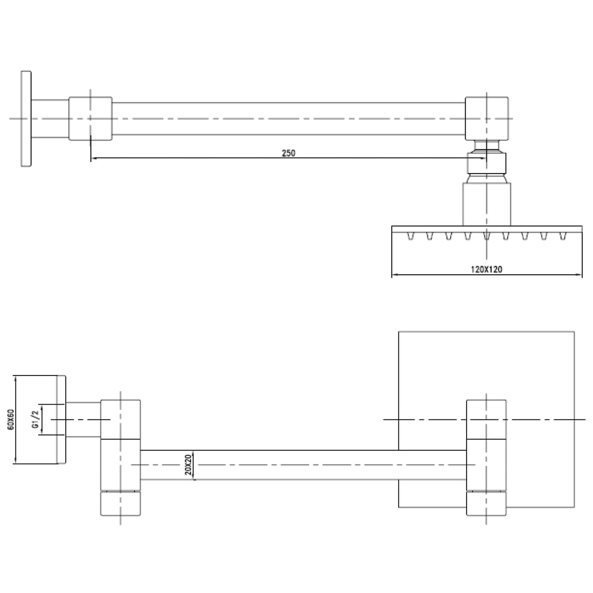 Raymor Malaney square wall shower technical drawing in chrome, showing 120 x 120mm rose and 250mm arm dimensions