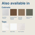 Raymor Mosman Mini vanity finish options, showing cabinet colours and top samples in white, walnut, oak and green tones