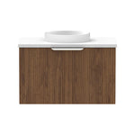 Raymor Mosman Mini wall hung vanity, woodgrain 1-door cabinet with white basin and top, front view