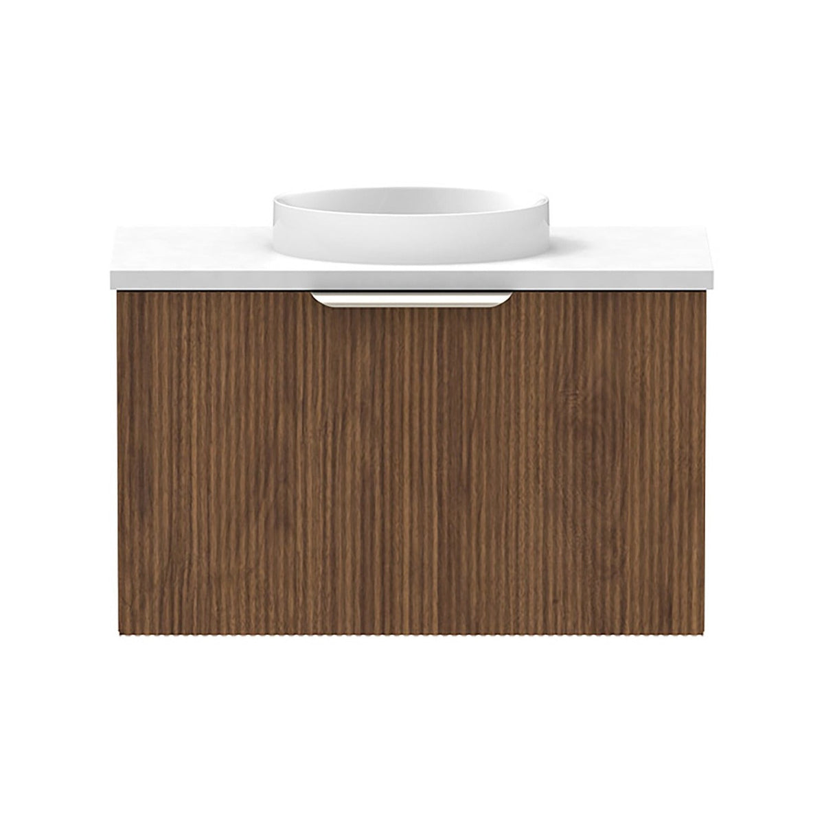 Raymor Mosman Mini wall hung vanity, woodgrain 1-door cabinet with white basin and top, front view