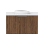 Raymor Mosman Mini wall hung vanity, woodgrain finish with white top and round basin, front view