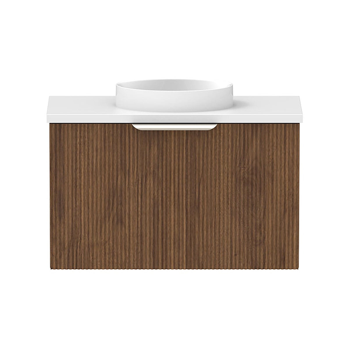 Raymor Mosman Mini wall hung vanity, woodgrain finish with white top and round basin, front view