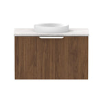 Raymor Mosman Mini wall hung vanity with gloss white basin, woodgrain cabinet and light stone-look top