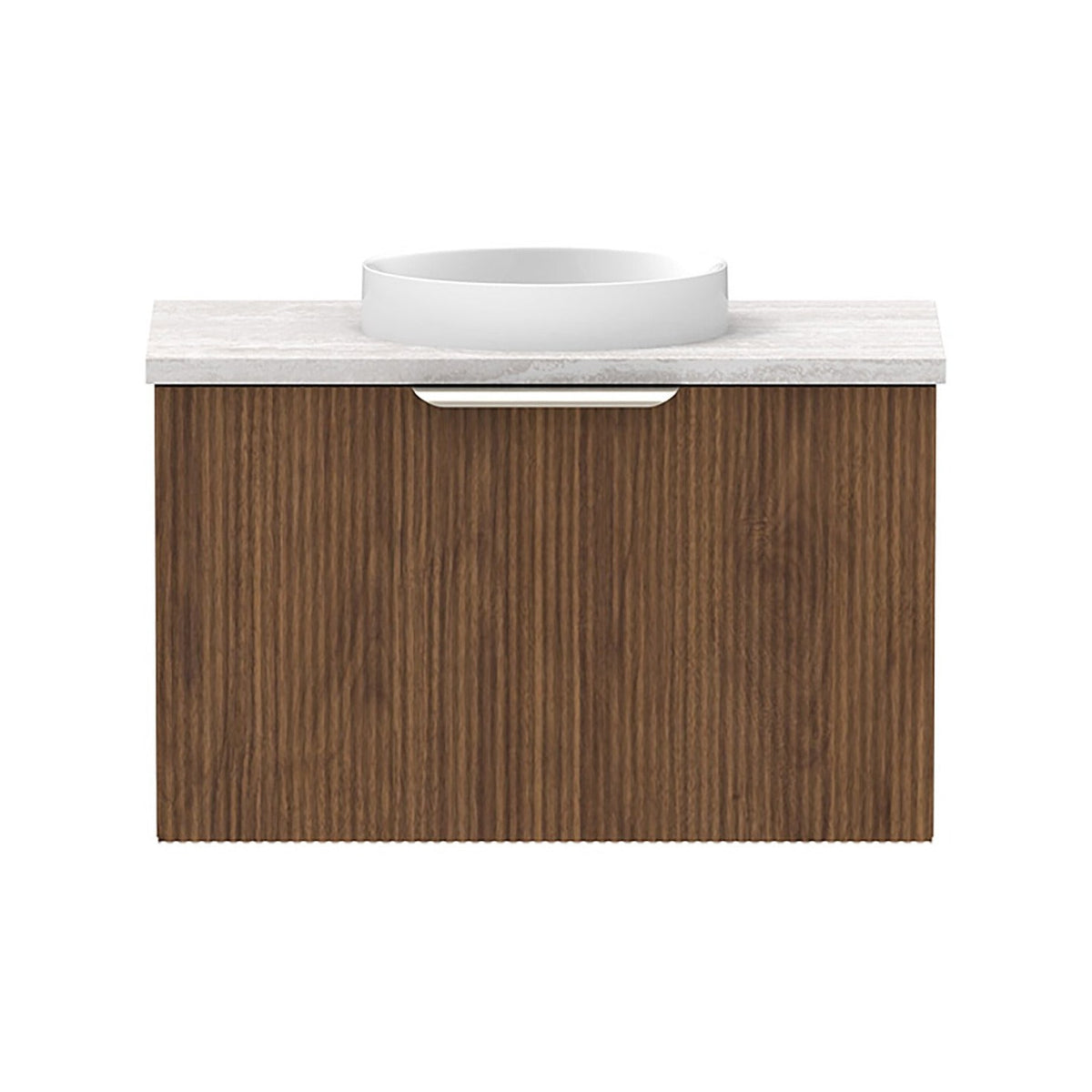 Raymor Mosman Mini wall hung vanity with gloss white basin, woodgrain cabinet and light stone-look top