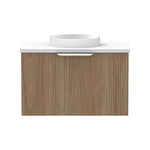 Raymor Mosman Mini wall hung vanity with basin, woodgrain fluted door, white top, front view
