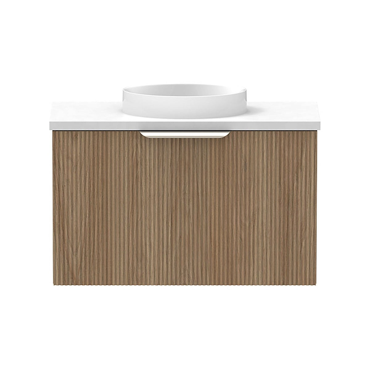 Raymor Mosman Mini wall hung vanity with basin, woodgrain fluted door, white top, front view