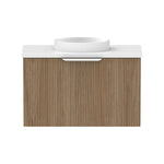 Raymor Mosman Mini wall hung vanity with basin, woodgrain door, white top and oval basin, front view