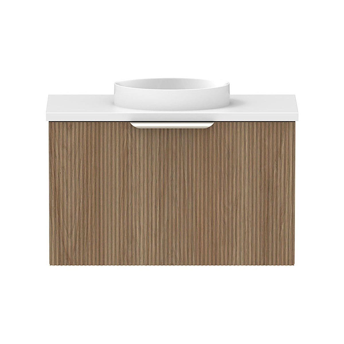 Raymor Mosman Mini wall hung vanity with basin, woodgrain door, white top and oval basin, front view