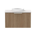 Raymor Mosman Mini wall hung vanity in woodgrain with white basin and light benchtop, front view