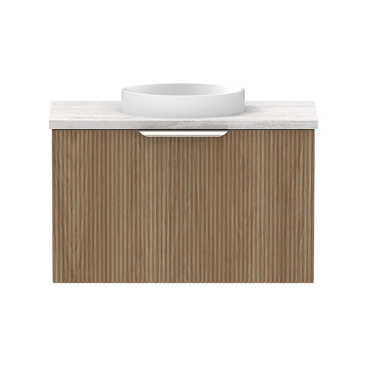 Raymor Mosman Mini wall hung vanity in woodgrain with white basin and light benchtop, front view
