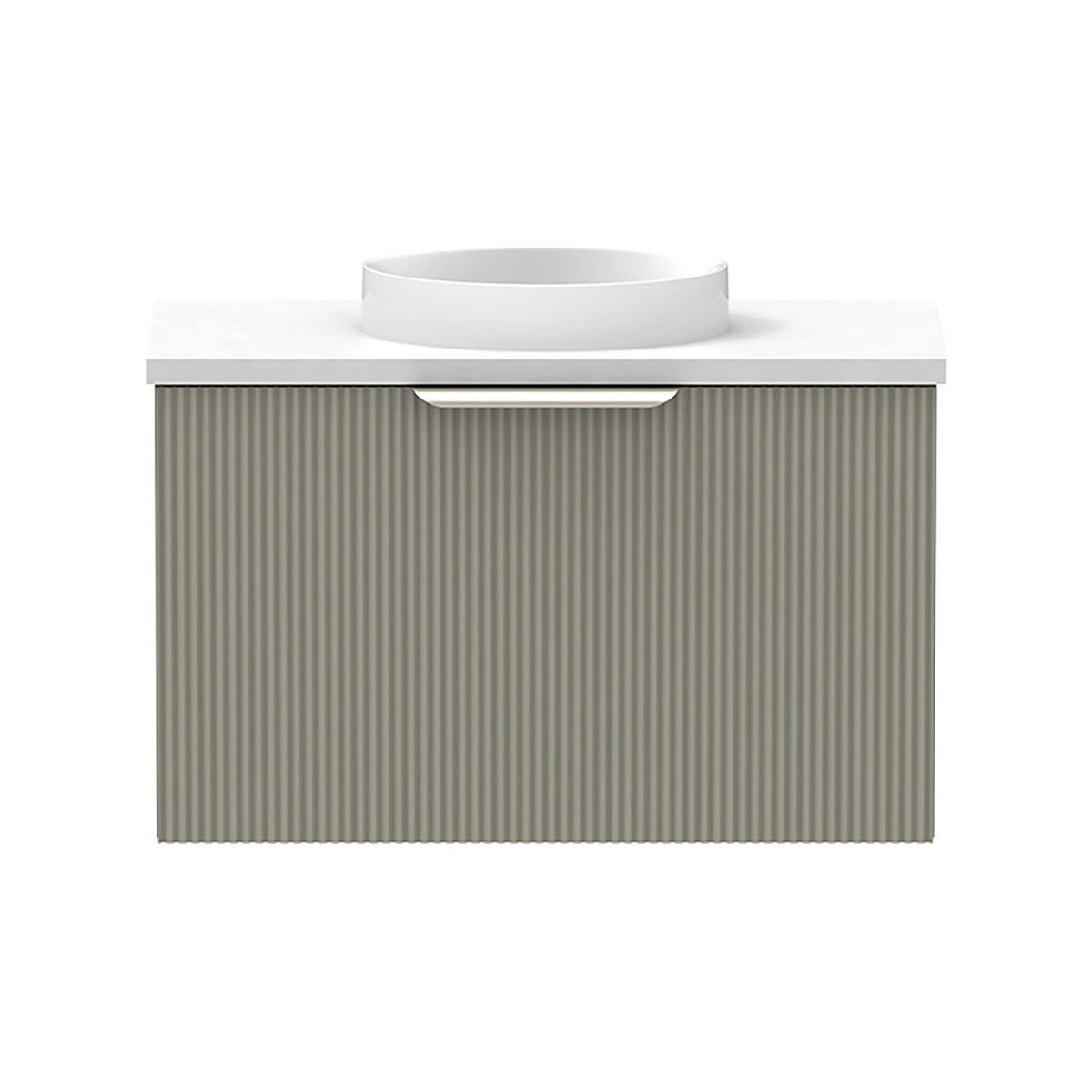 Raymor Mosman Mini wall hung vanity with white basin, fluted green door and white top, front view