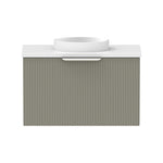 Raymor Mosman Mini wall hung vanity with basin, fluted green door and white top, front view