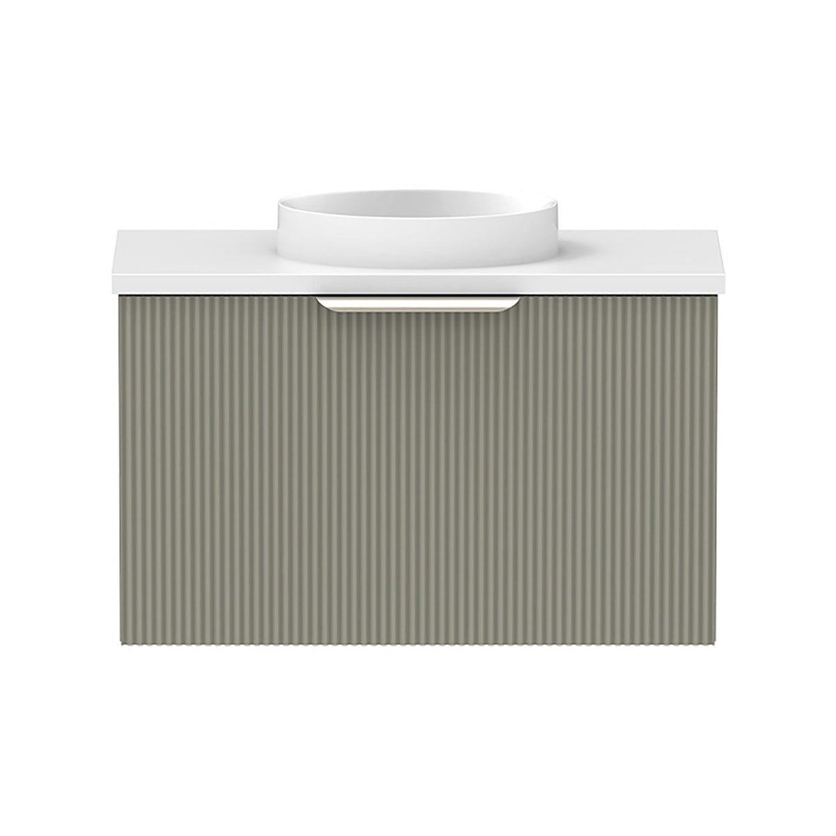 Raymor Mosman Mini wall hung vanity with basin, fluted green door and white top, front view