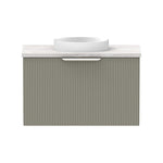 Raymor Mosman Mini wall hung vanity in green with fluted door, grey benchtop and white basin