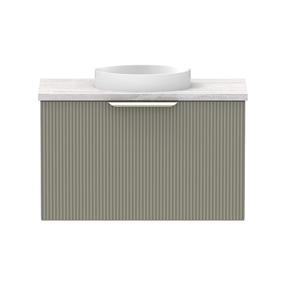 Raymor Mosman Mini wall hung vanity in green with fluted door, grey benchtop and white basin