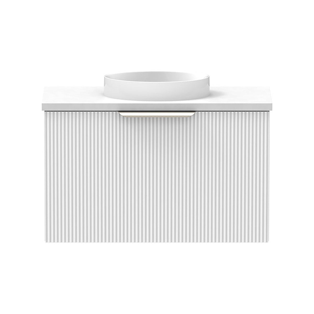 Raymor Mosman Mini 600mm wall hung vanity, white fluted front, gloss white basin and top, front view