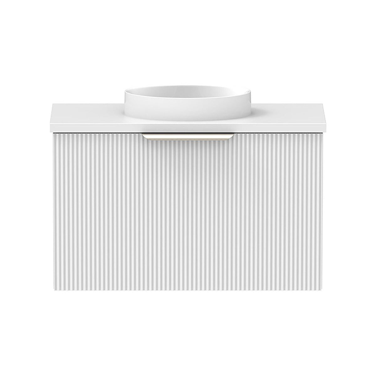 Raymor Mosman Mini wall hung vanity with basin, white fluted 1-door cabinet and oval gloss basin