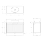 Raymor Mosman Mini 600mm vanity technical drawing, wall hung with oval basin and dimensions shown, Prime Oak finish brief