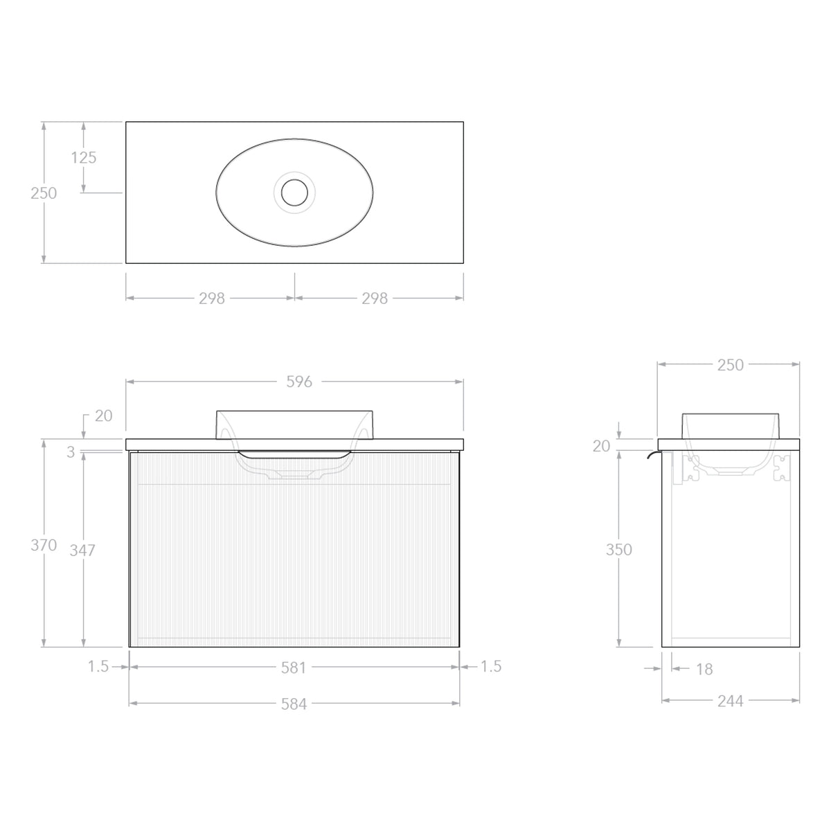 Raymor Mosman Mini 600mm vanity technical drawing, wall hung with oval basin and dimensions shown, Prime Oak finish brief