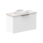 Raymor Mosman Mini wall hung vanity with basin, grey travertine top and white fluted cabinet, angled view