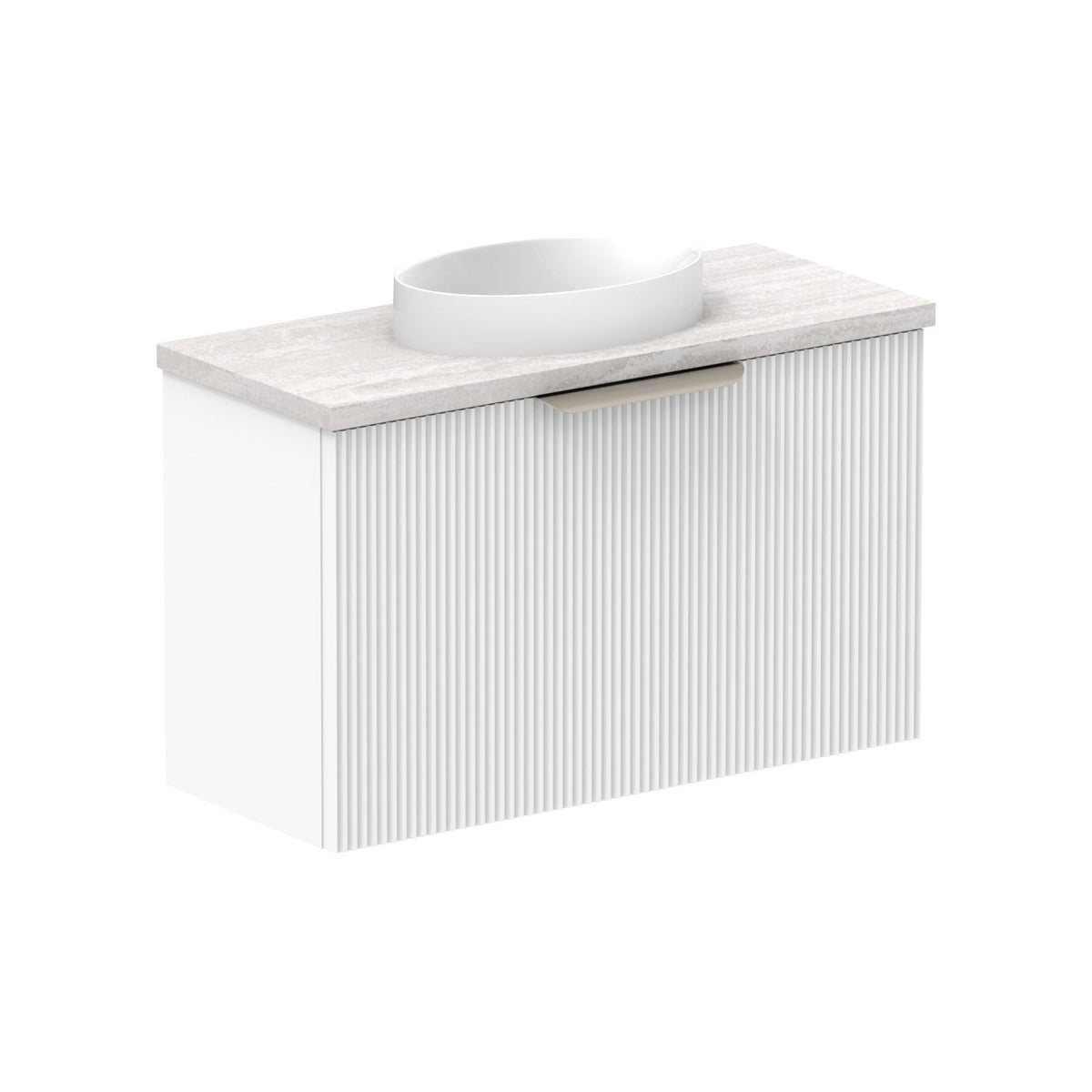 Raymor Mosman Mini wall hung vanity with basin, grey travertine top and white fluted cabinet, angled view