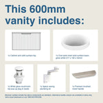 Raymor Mosman 600mm vanity includes cabinet, oval basin, mushroom plug, plumbing kit and brushed nickel handle