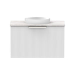 Raymor Mosman Mini wall hung vanity, ultra white matte with grey travertine top, fluted door and round basin