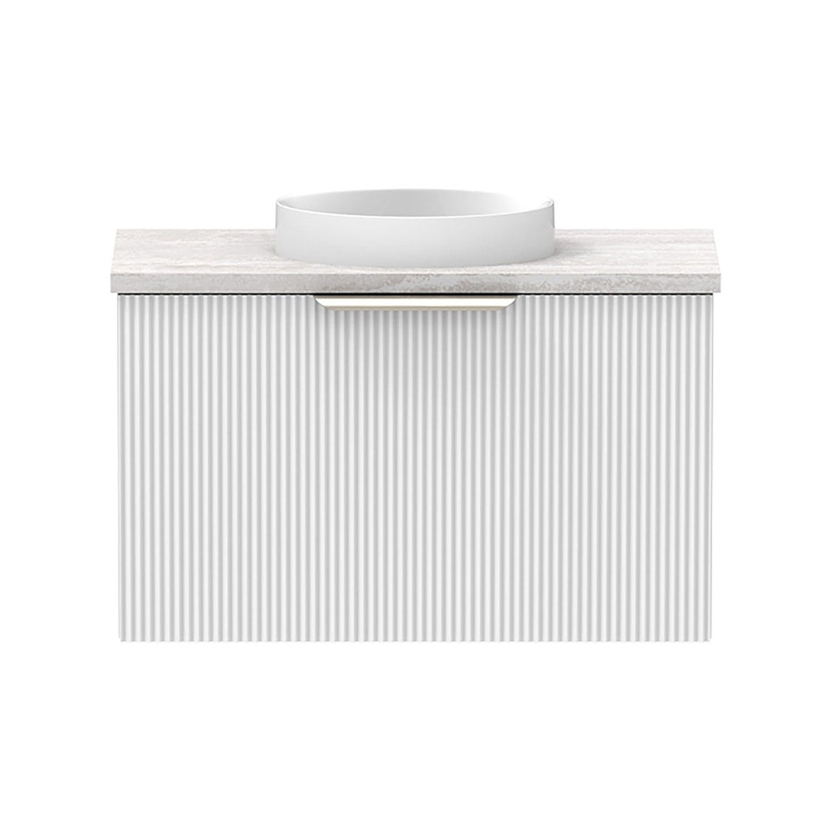 Raymor Mosman Mini wall hung vanity, ultra white matte with grey travertine top, fluted door and round basin