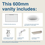 Raymor Mosman Mini 600mm vanity inclusions diagram with cabinet, oval basin, waste, plumbing kit and handle