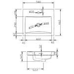 Technical drawing of a Raymor Projix Amethyst II semi inset basin, 540 x 460mm, with dimensions and 1 taphole shown