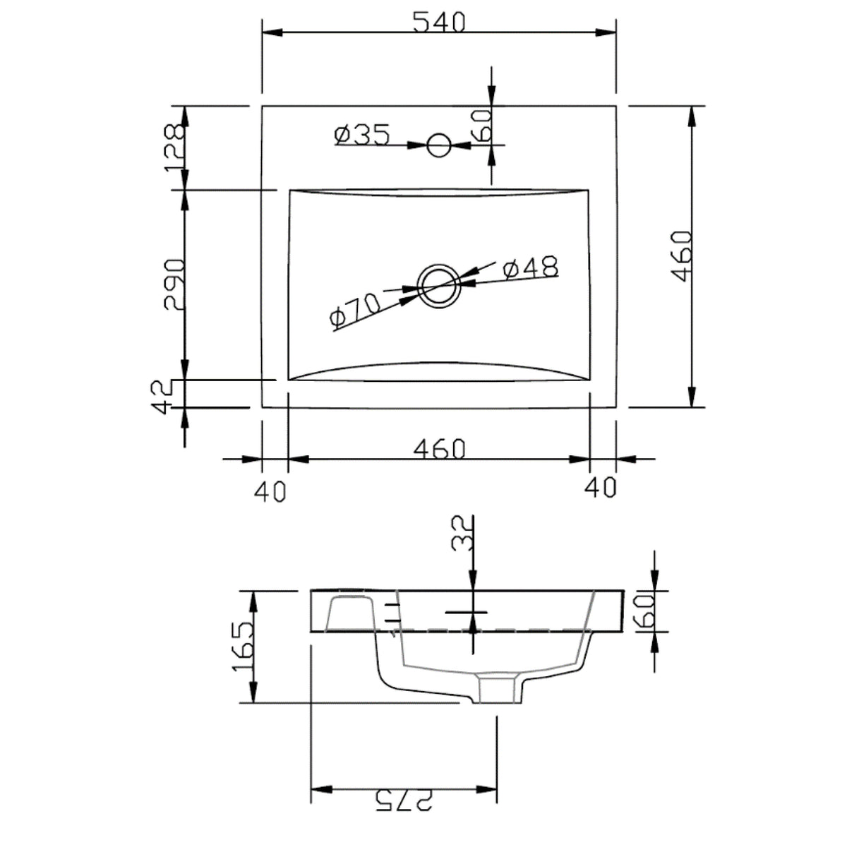 Technical drawing of a Raymor Projix Amethyst II semi inset basin, 540 x 460mm, with dimensions and 1 taphole shown