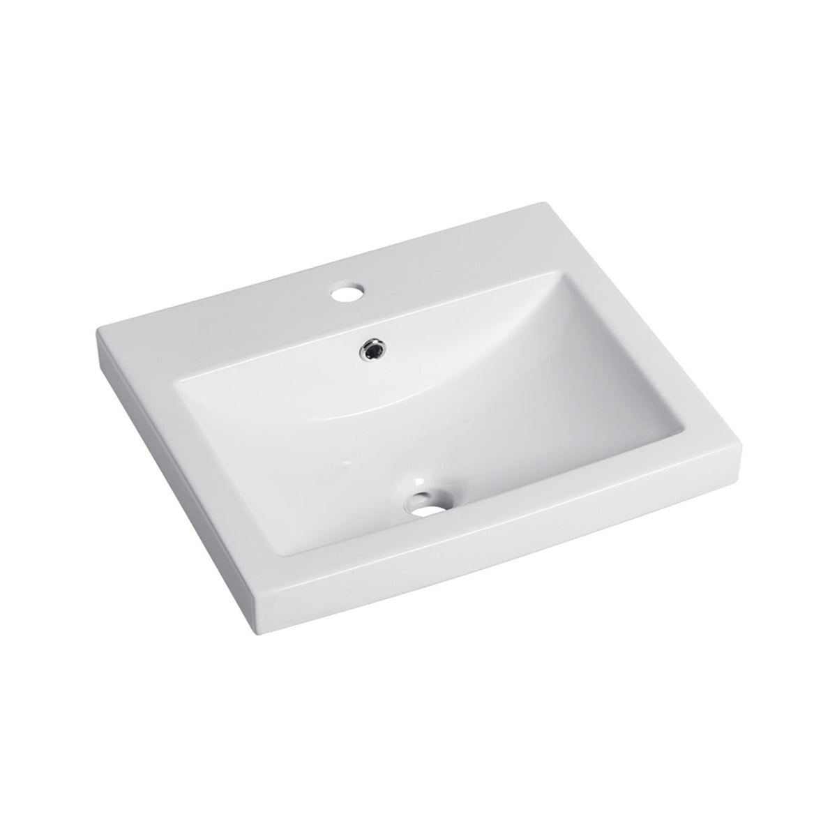 Raymor Projix Amethyst II white rectangular semi inset basin with 1 taphole and overflow, angled view