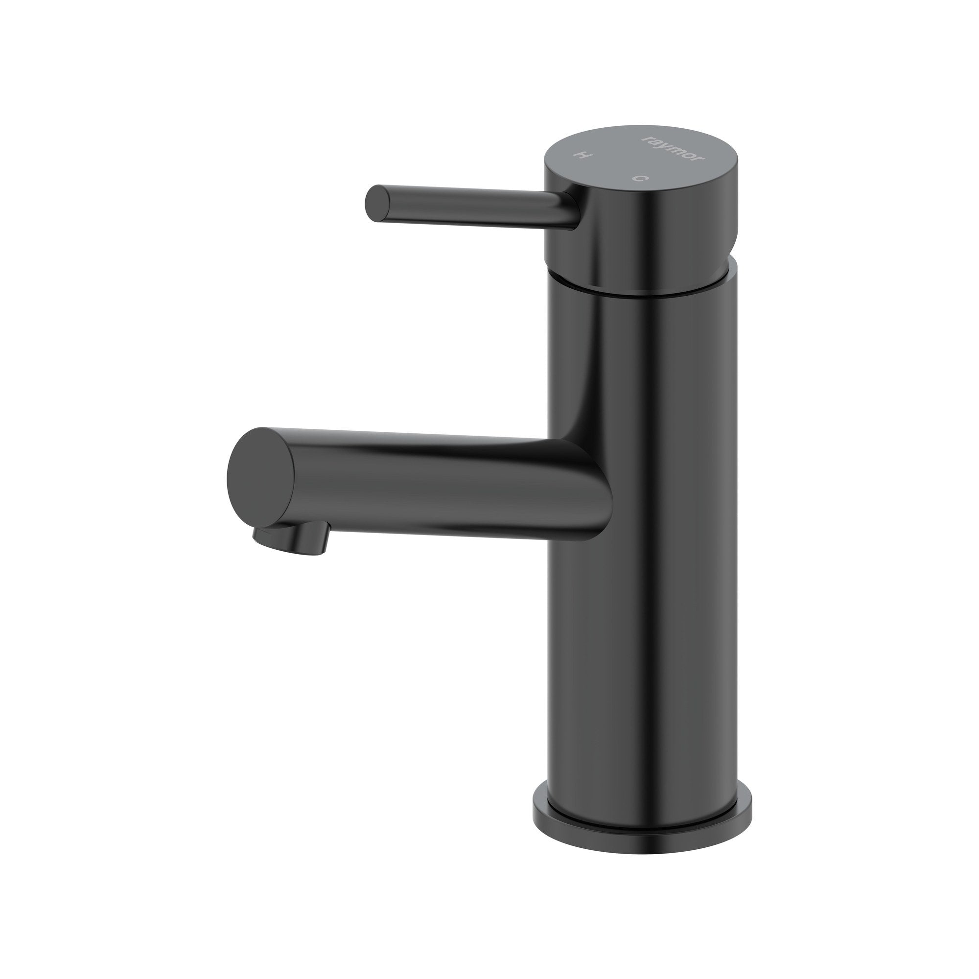 Raymor Projix black basin mixer with angled swivel spout and pin lever handle, product on white background